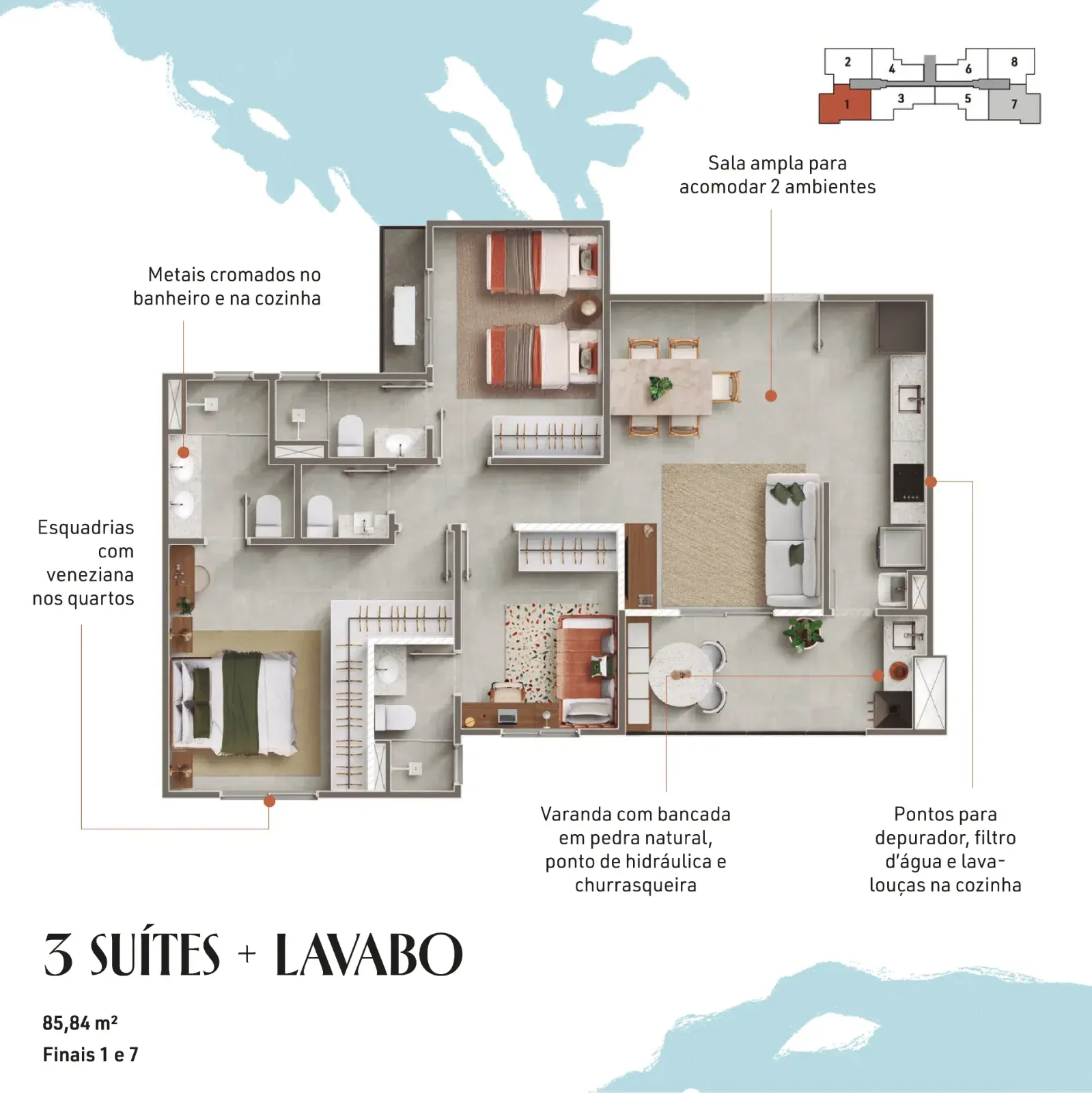 3 suítes + lavabo